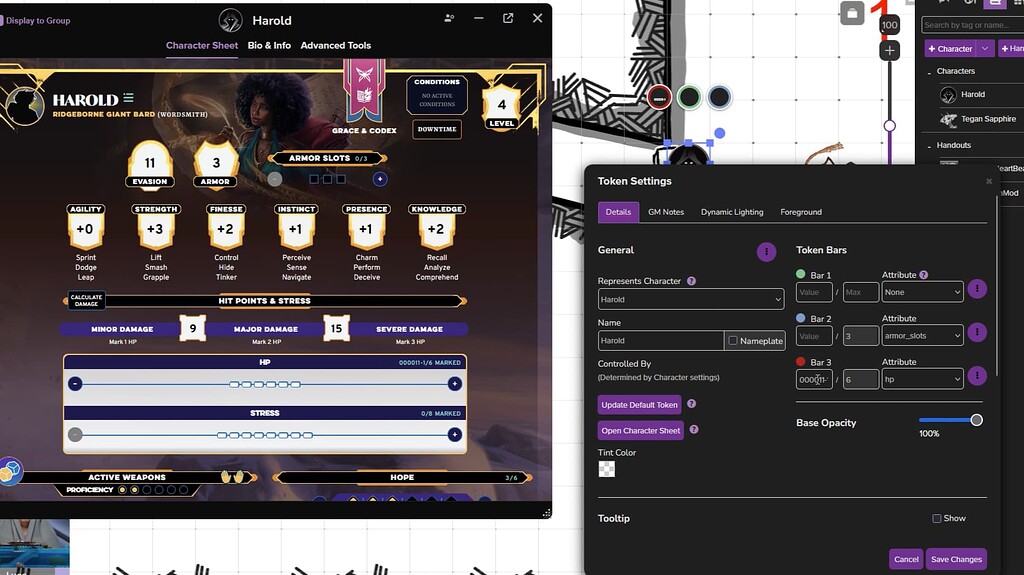 Token Character Sheet Roll20 token bar attributes cause glitch in Daggerheart character ...