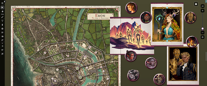 Map of the City of Emon on the Roll20 VTT with displayed portraits and tokens from the Tal’Dorei Campaign Setting Reborn Art Pack.