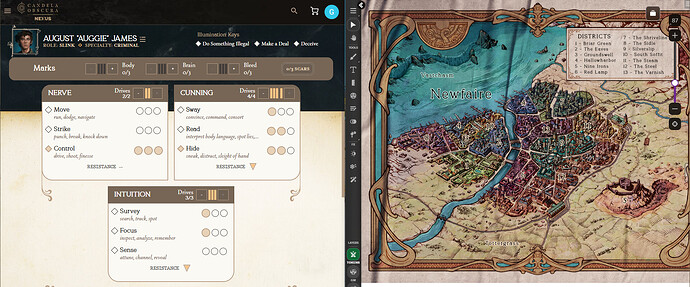 Character Sheet for August ‘Auggie’ James on Demiplane (left) alongside a map of Newfaire displayed on the Roll20 VTT (right).